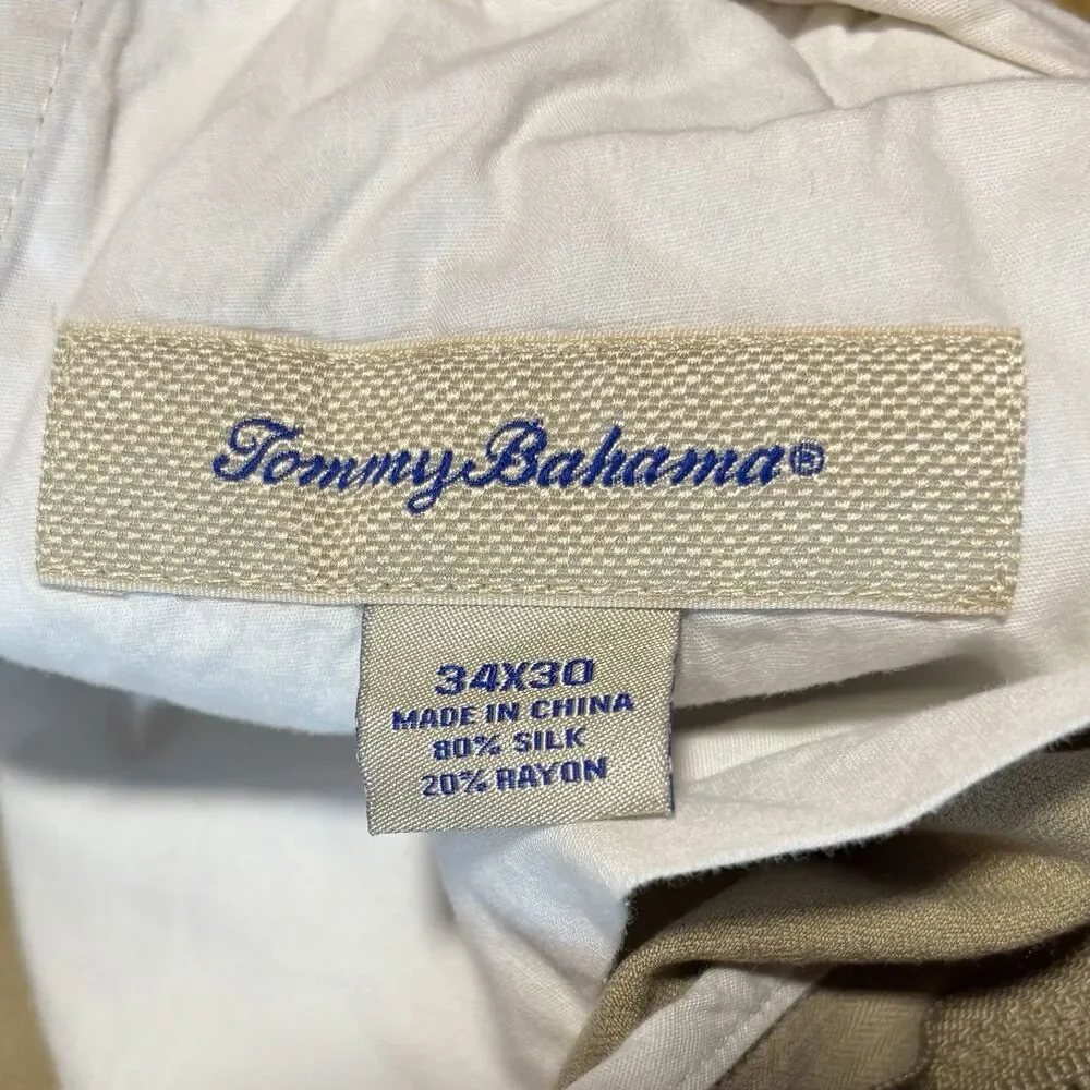 Tommy Bahama Silk Blend Pants Men's Size 34x30 Khaki Casual Beach Pleated